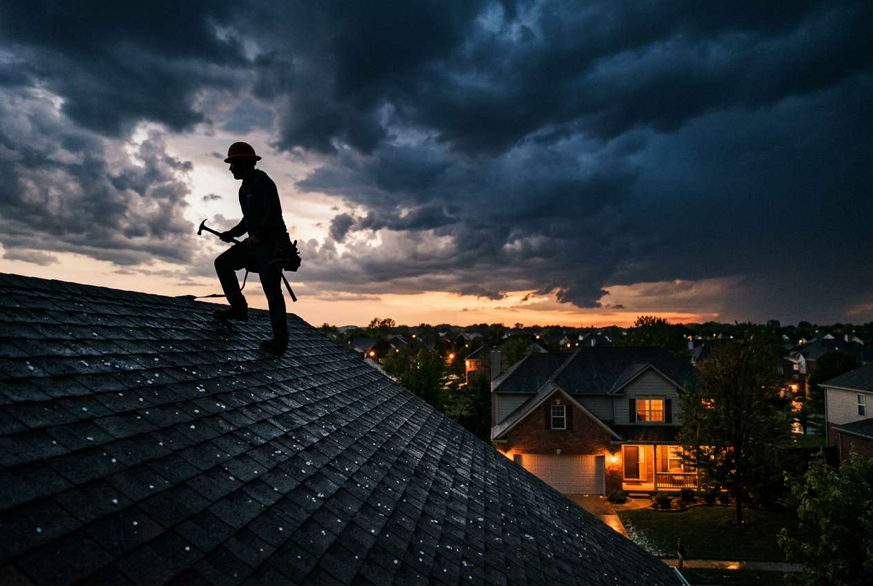 Roofer on a shingle roof at dusk after a hailstorm