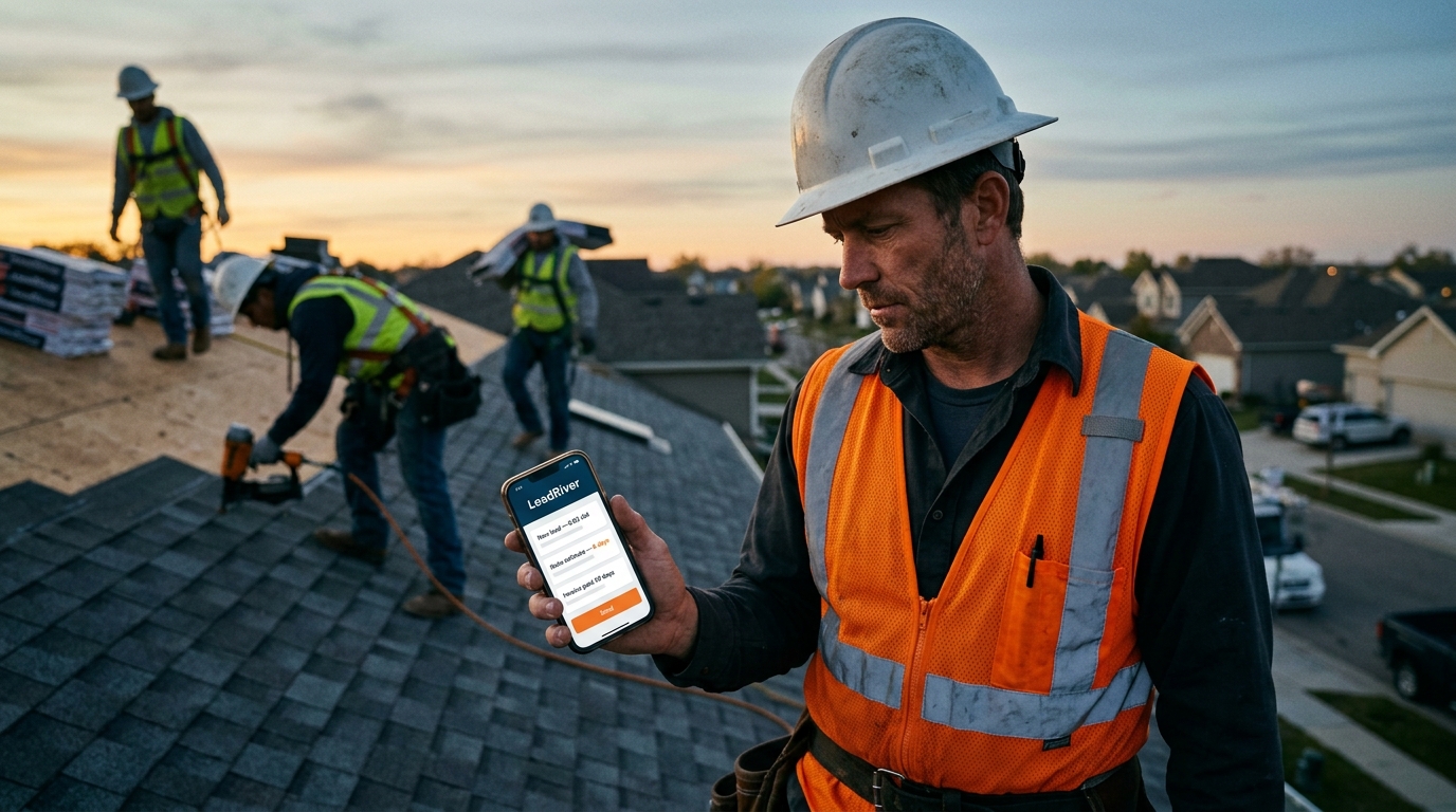 A roofing contractor in a hi-vis vest and hard hat reading the LeadRiver dashboard on his iPhone while his crew installs new shingles behind him.